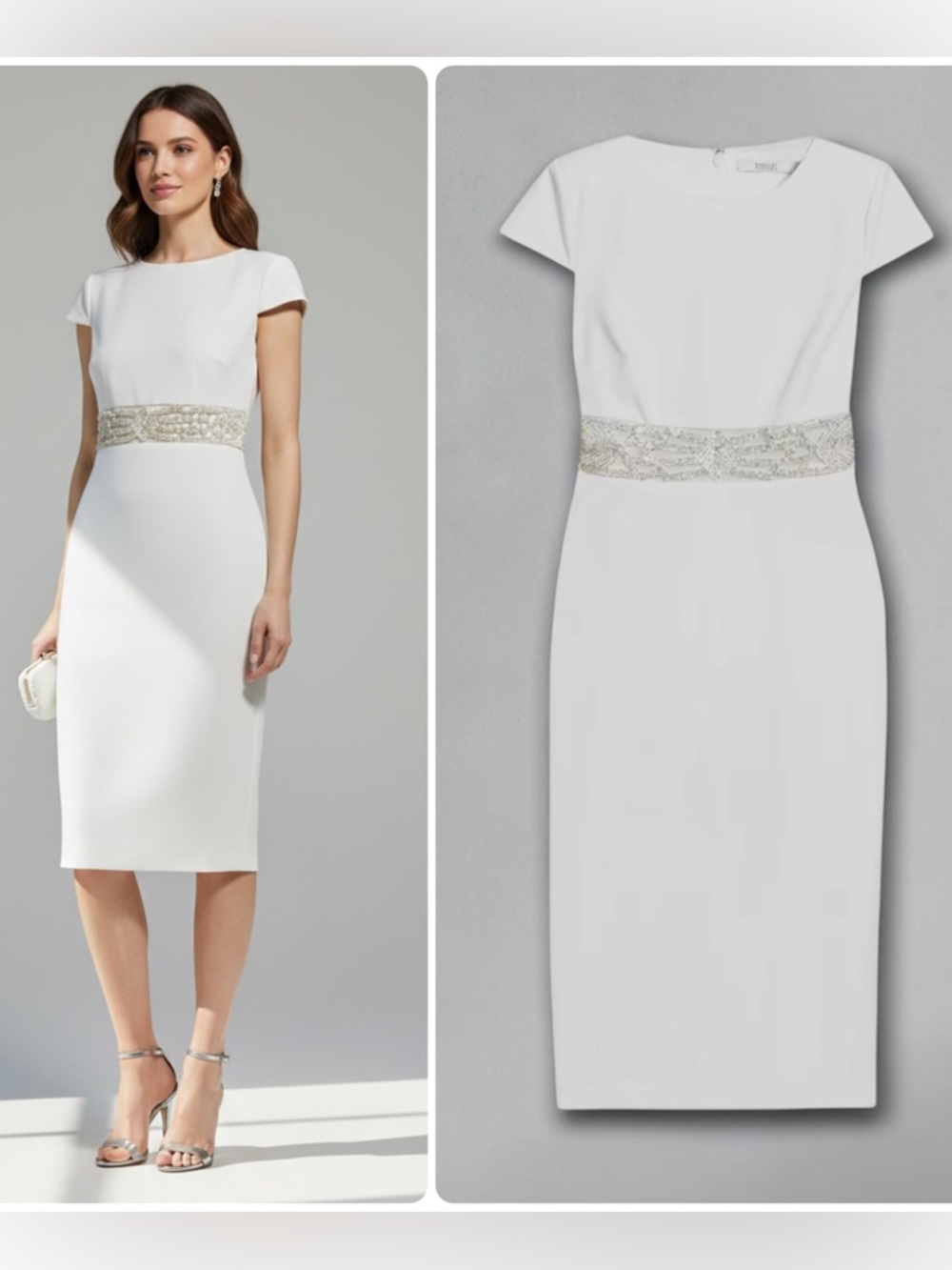 Badgley Mischka White Embellished Beaded Waist Sheath Midi Dress NWT $1200